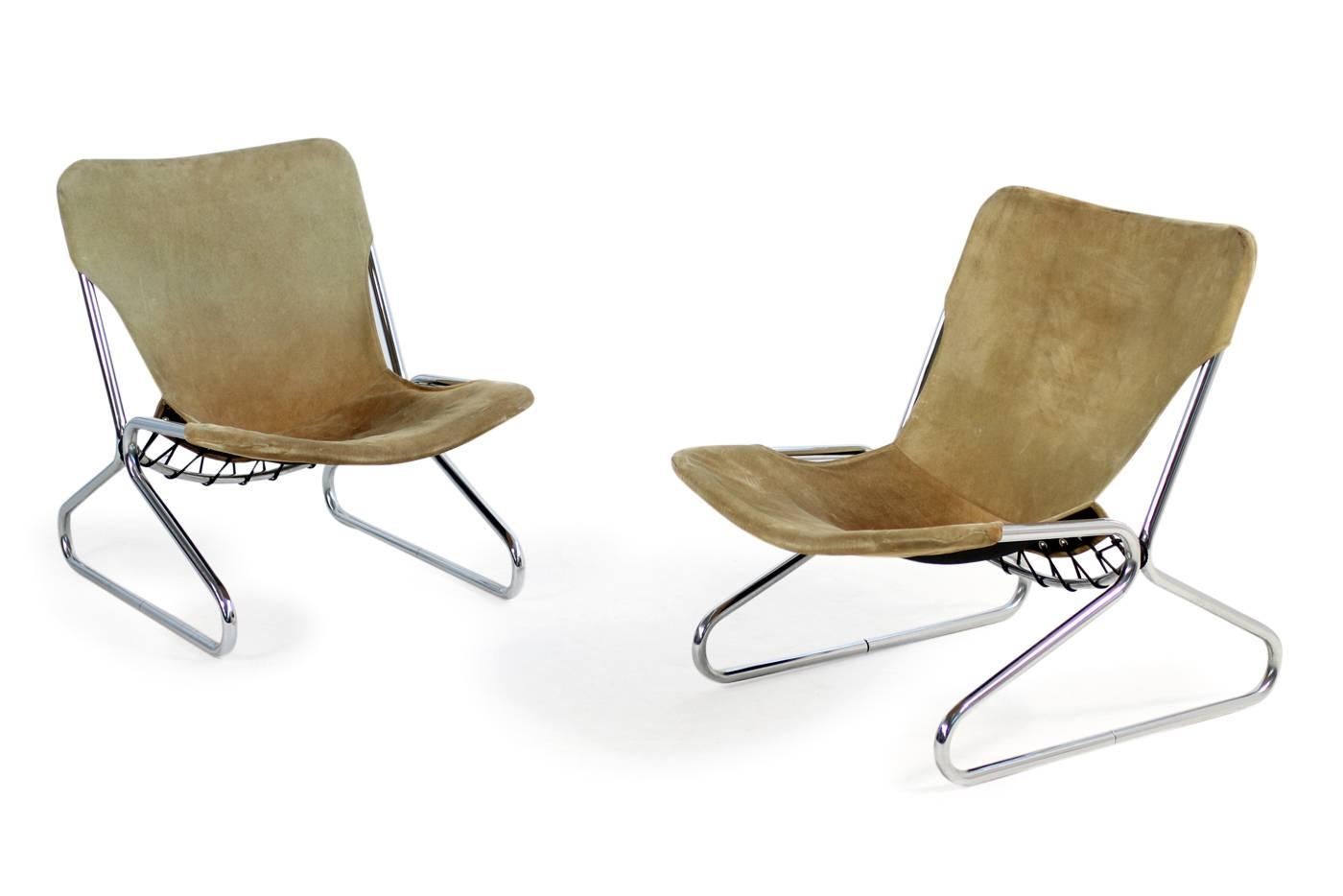 Pair of 1960s Suede Leather and Chrome Easy Lounge Chairs Danish Modern 1
