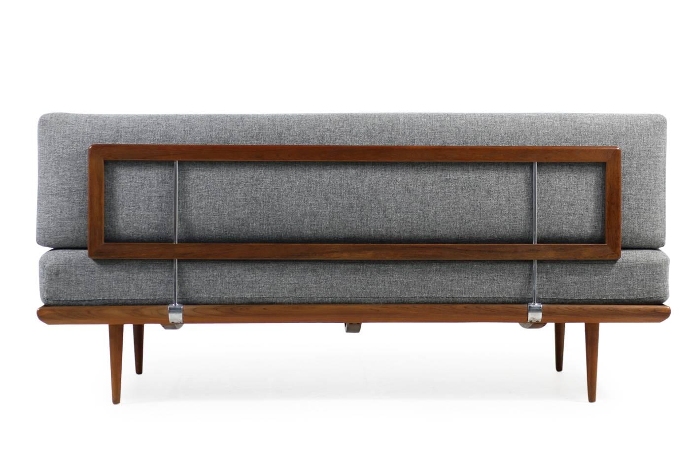 Beautiful 1960s Peter Hvidt & Orla Molgaard Nielsen teak daybed, early edition for France & Daverkosen Denmark. Spring core mattress, reupholstered, also the back cushion and both covered in a wool/cotton woven fabric in high quality, about 1 year