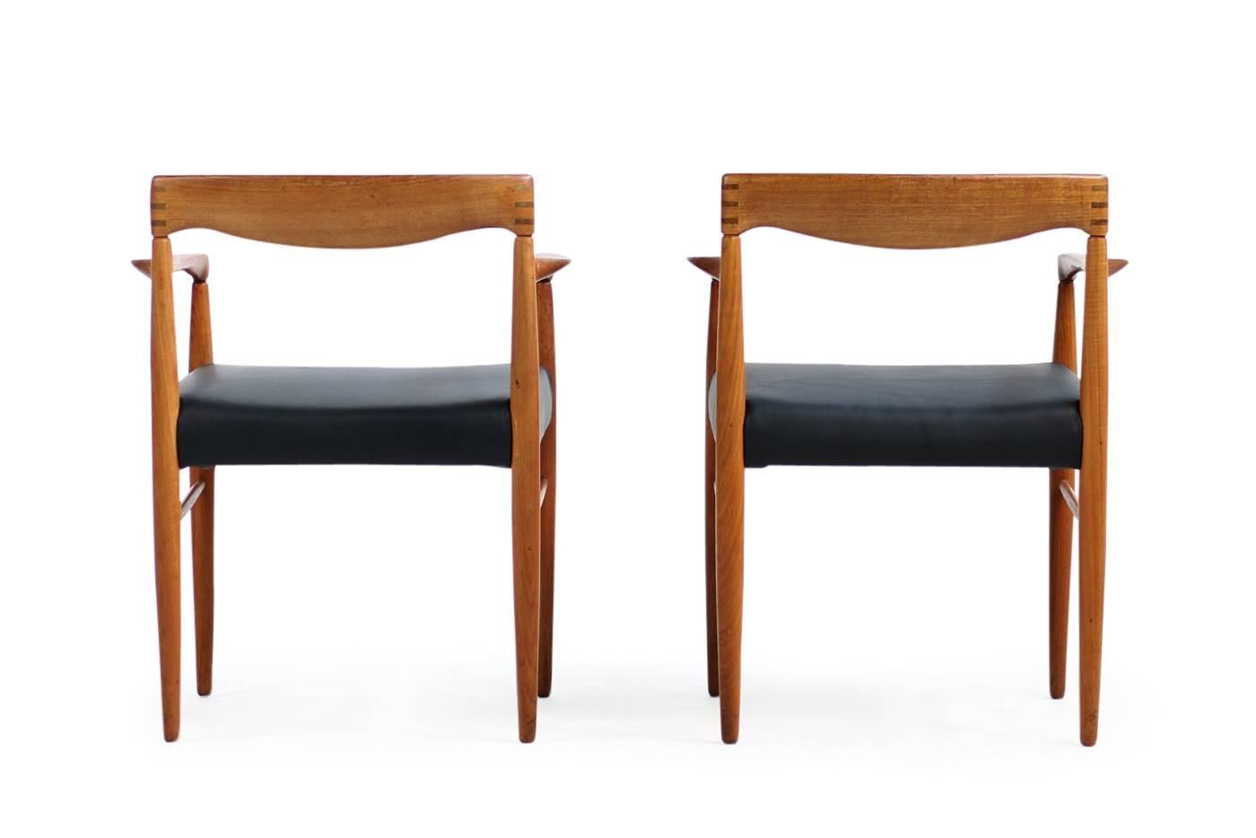 Beautiful pair of 1960s H.W. Klein for Bramin armchairs with new upholstery, real leather in black and a fantastic condition. Made in Denmark.