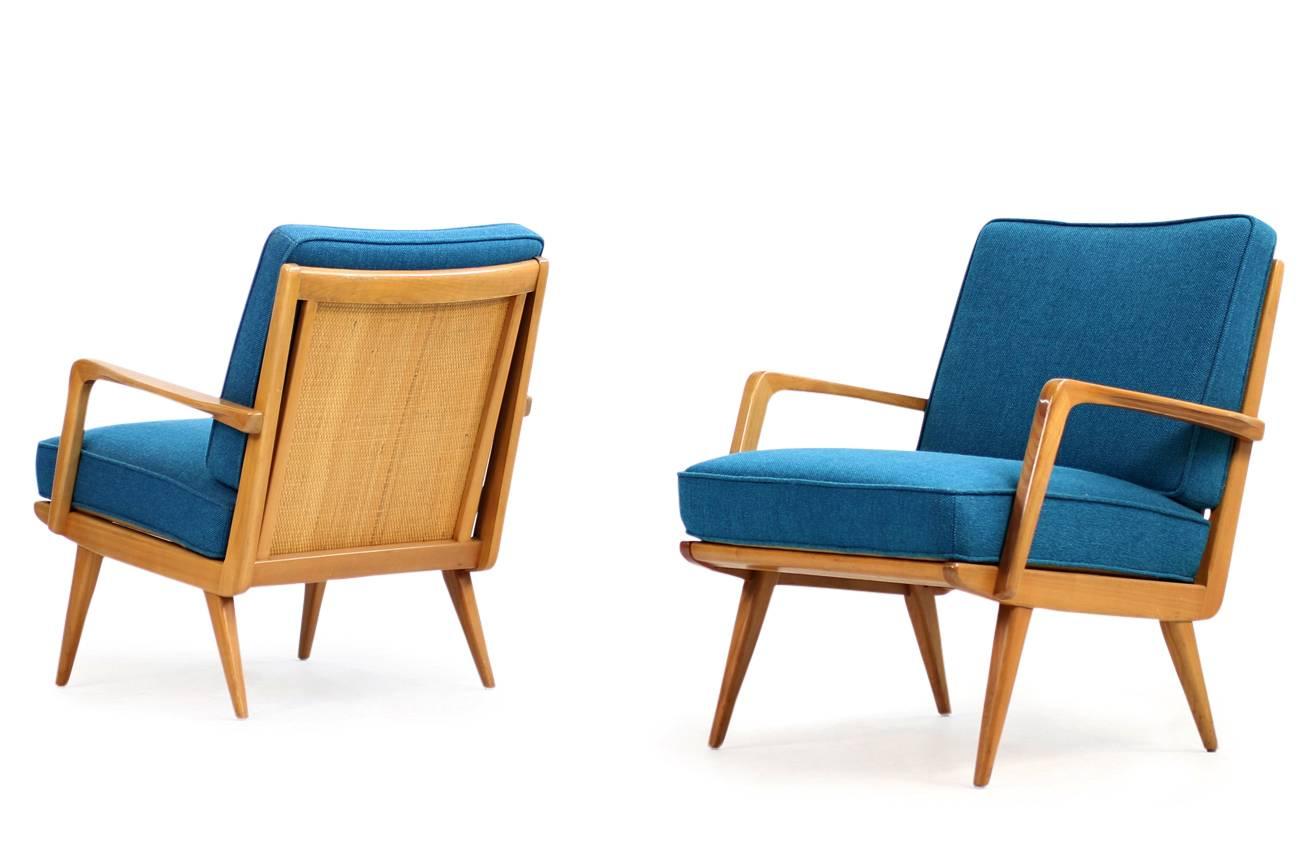 Beautiful and super rare pair of 1950s beech easy chairs
Easy Chairs with the original upholstery and petrol fabric, fantastic condition, very rare edition, ES Eugen Schmidt, Germany ca. 1948-1952
If you like to purchase the complete set, we can