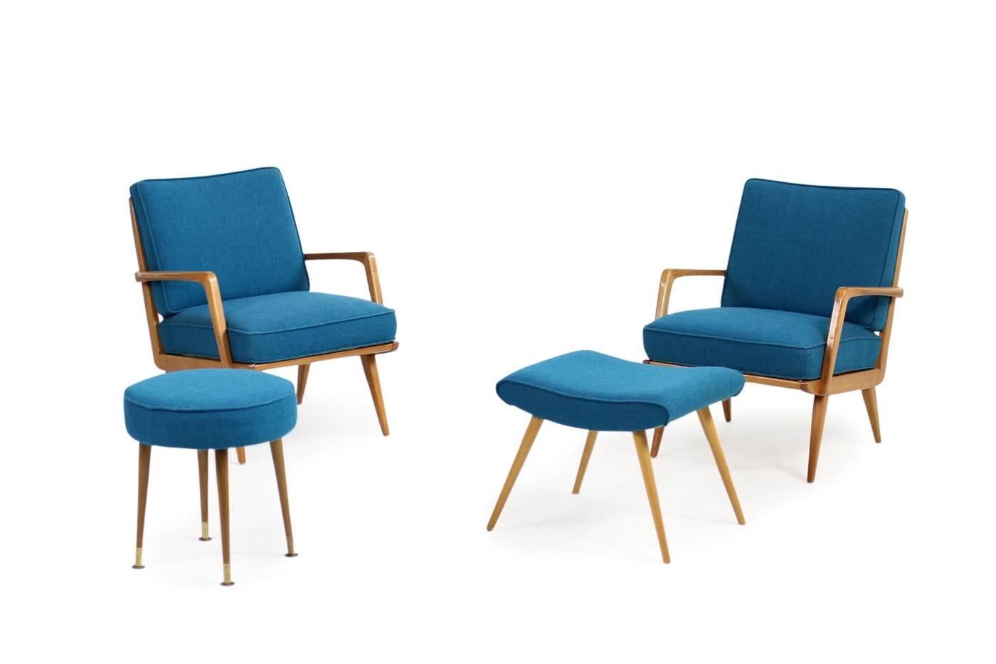 Fabric Pair of Beautiful Beechwood and Cane Lounge Easy Chairs, Mid-Century Modern For Sale