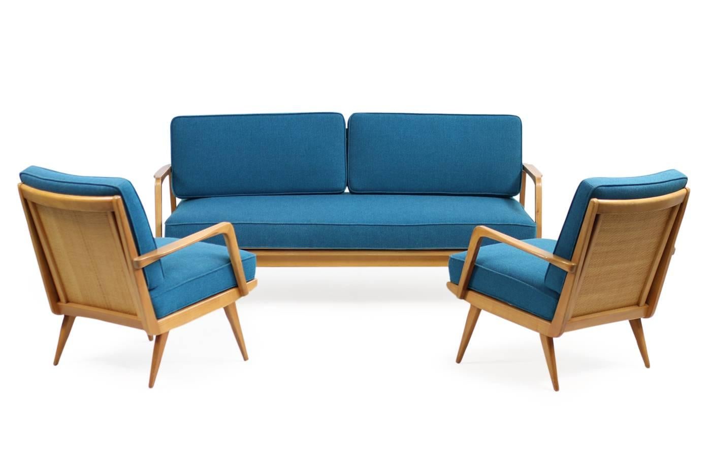 Pair of Beautiful Beechwood and Cane Lounge Easy Chairs, Mid-Century Modern For Sale 1