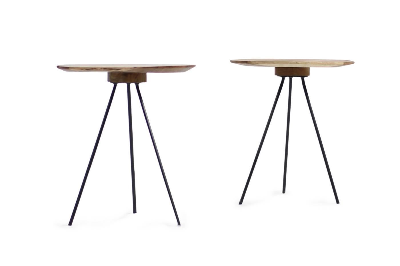 Beautiful set of two side tables, solid teak and iron, the tabletop is made of natural teak in an unique look. More tables available, each one is unique.