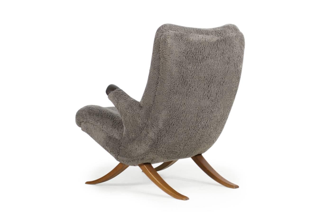 Mid-Century Modern Super rare 1950s Organic Lounge Chair Faux Teddy Bear Fabric & Beechwood Base