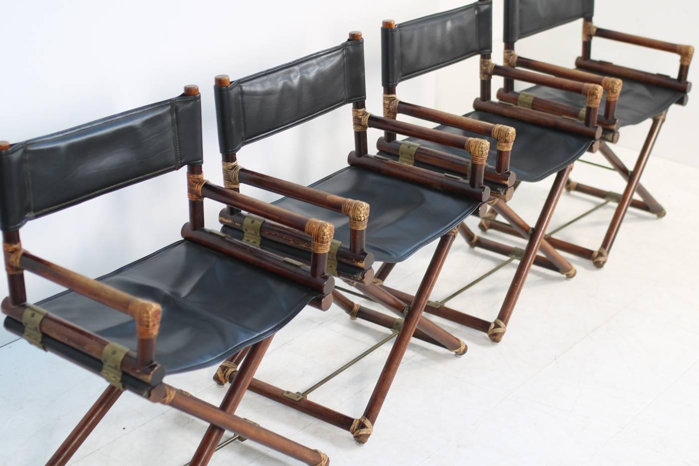 Mid-Century Modern Set of Four McGuire Bamboo, Brass & Leather, 1950s Folding 'Director's X Chairs'