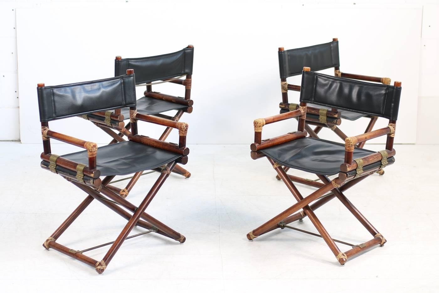 Set of Four McGuire Bamboo, Brass & Leather, 1950s Folding 'Director's X Chairs' 1
