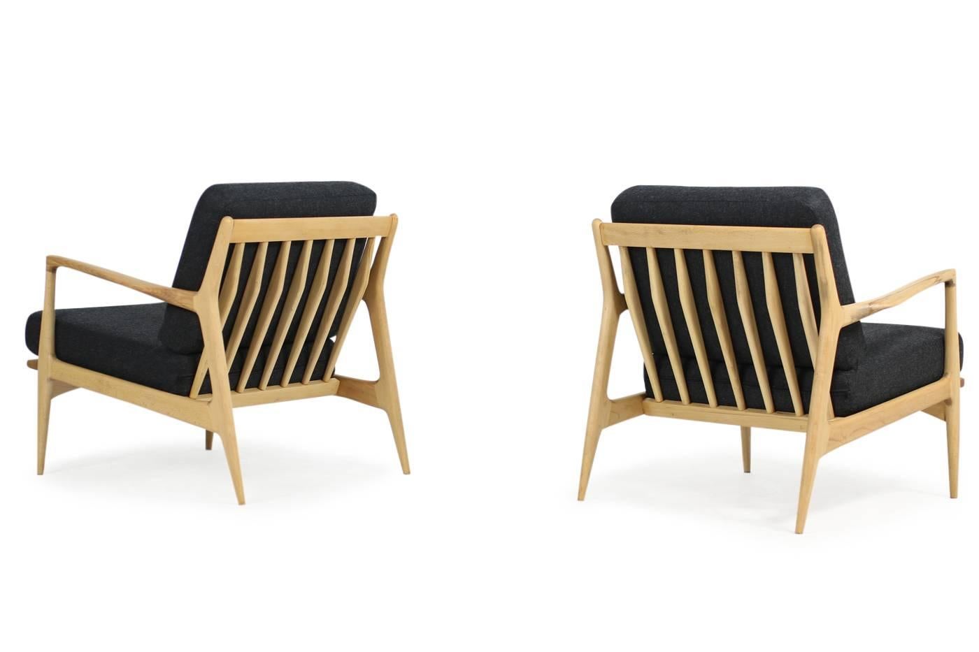 Mid-Century Modern Pair of 1960s Ib Kofod Larsen Danish Beechwood Easy Chairs, New Upholstery