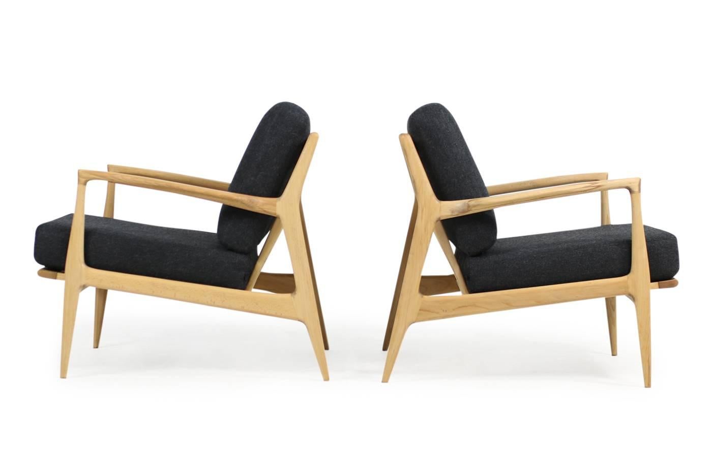 Pair of 1960s Ib Kofod Larsen Danish Beechwood Easy Chairs, New Upholstery In Excellent Condition In Hamminkeln, DE