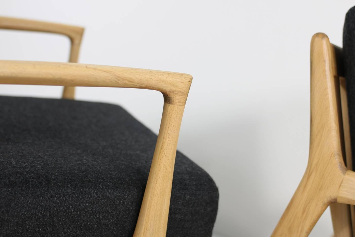 Pair of 1960s Ib Kofod Larsen Danish Beechwood Easy Chairs, New Upholstery 1