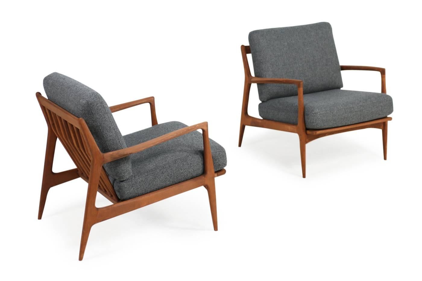 Mid-Century Modern Pair of 1960s Ib Kofod Larsen Danish Easy Chairs Teak New Upholstery