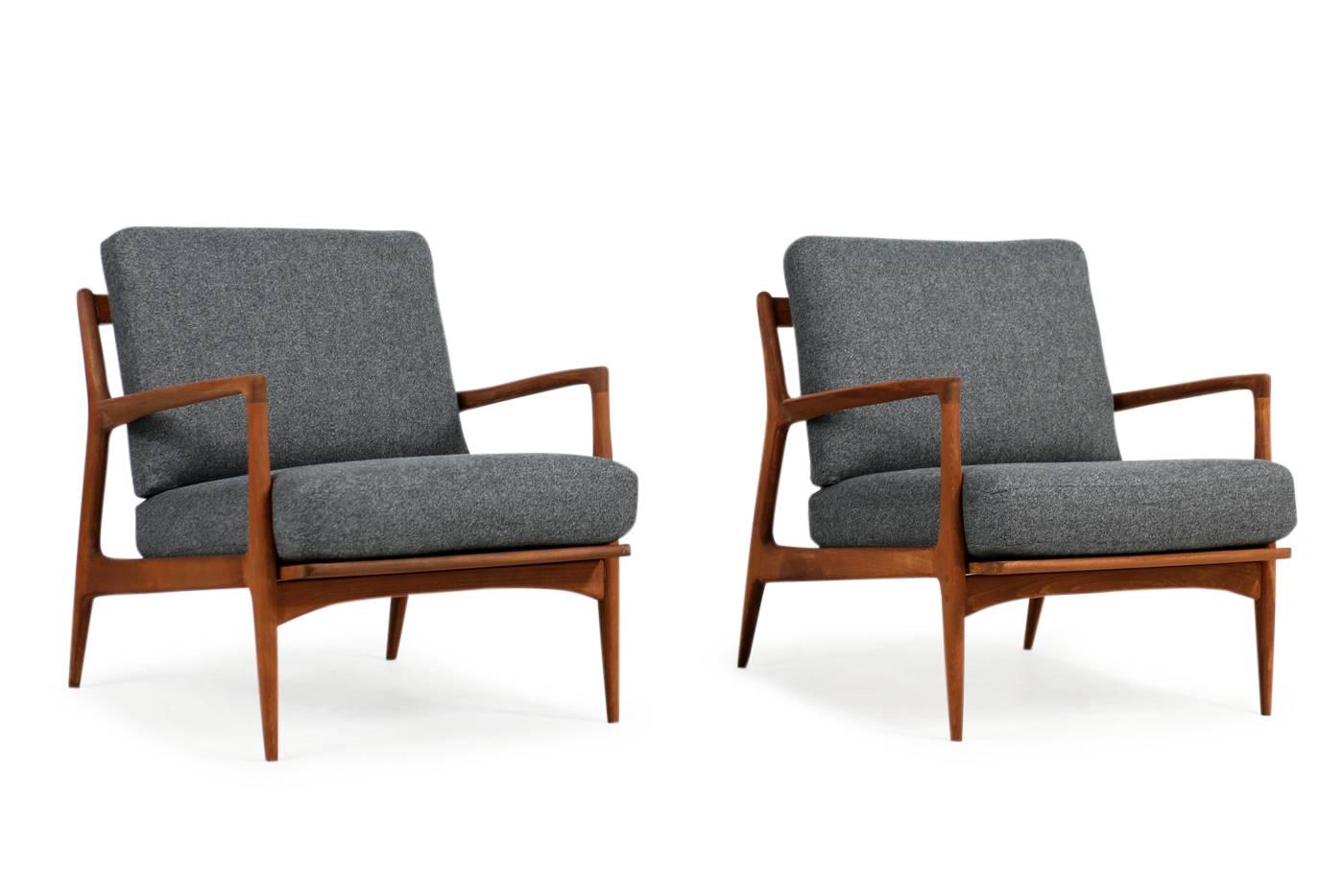 Pair of 1960s Ib Kofod Larsen Danish Easy Chairs Teak New Upholstery In Excellent Condition In Hamminkeln, DE