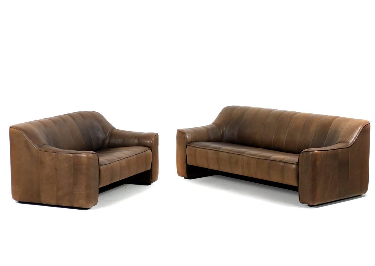 1970s Vintage De Sede DS 44 Two-Seat Sofa Brown Dark Cognac Buffalo Leather 3