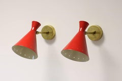 Pair of Adjustable Italian Metal and Brass 'Red Lights' Sconces, Wall Lamps