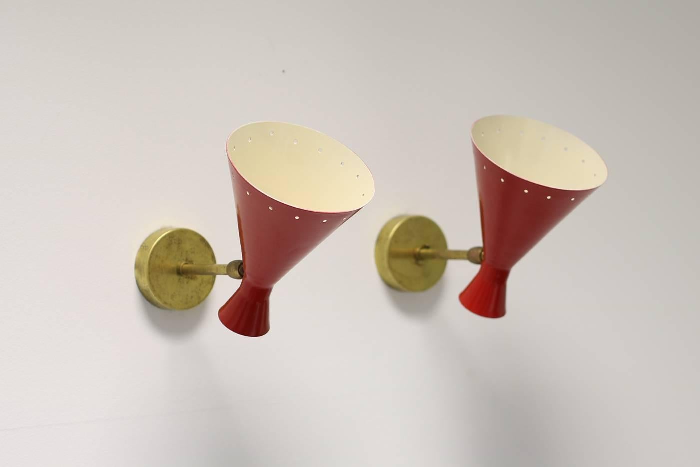 Modern Pair of Adjustable Italian Metal and Brass 'Red Lights' Sconces, Wall Lamps