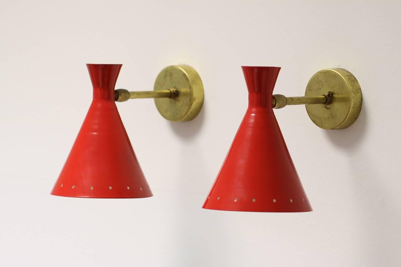 Pair of Adjustable Italian Metal and Brass 'Red Lights' Sconces, Wall Lamps 1