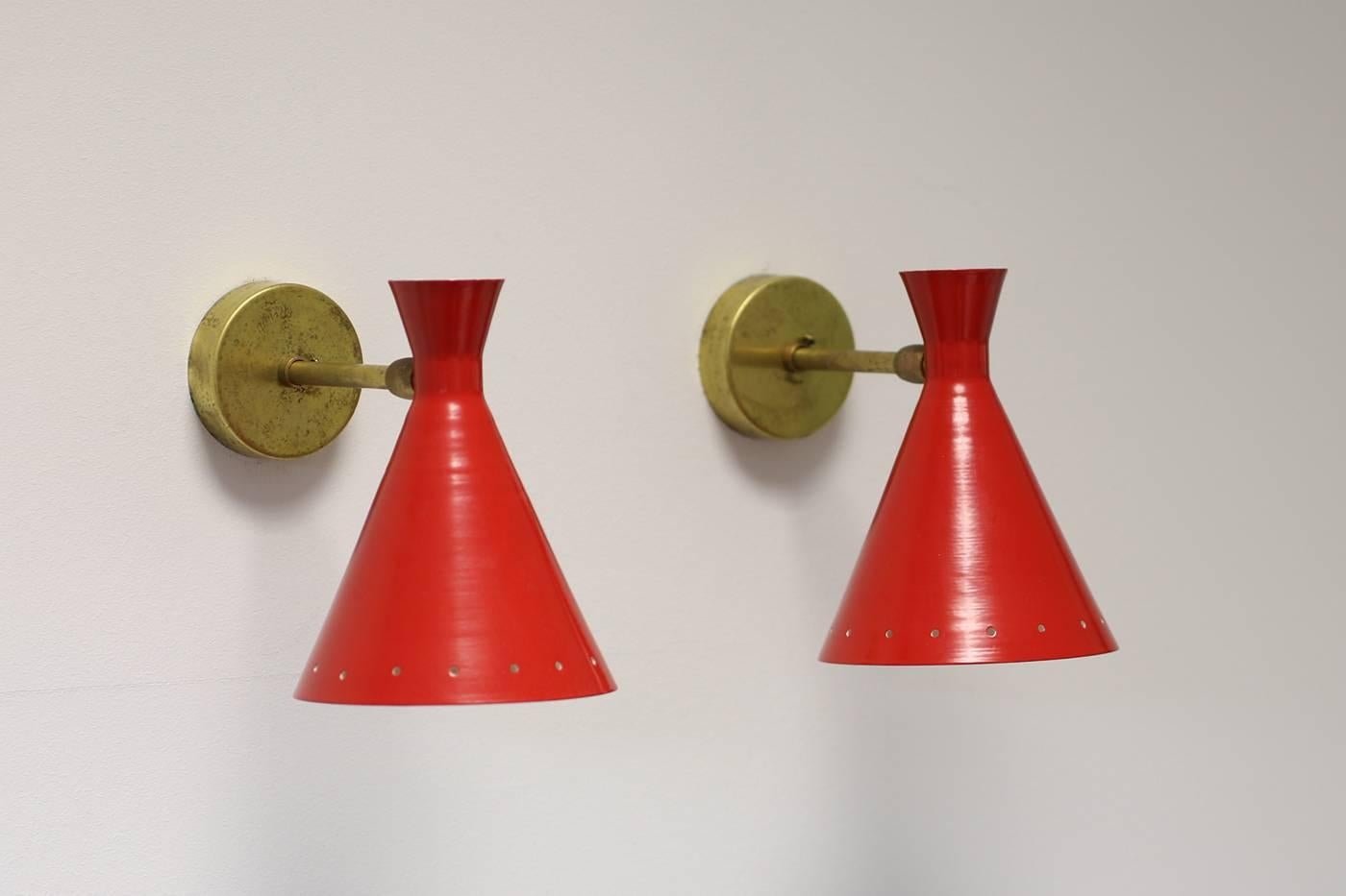 Pair of Adjustable Italian Metal and Brass 'Red Lights' Sconces, Wall Lamps 4