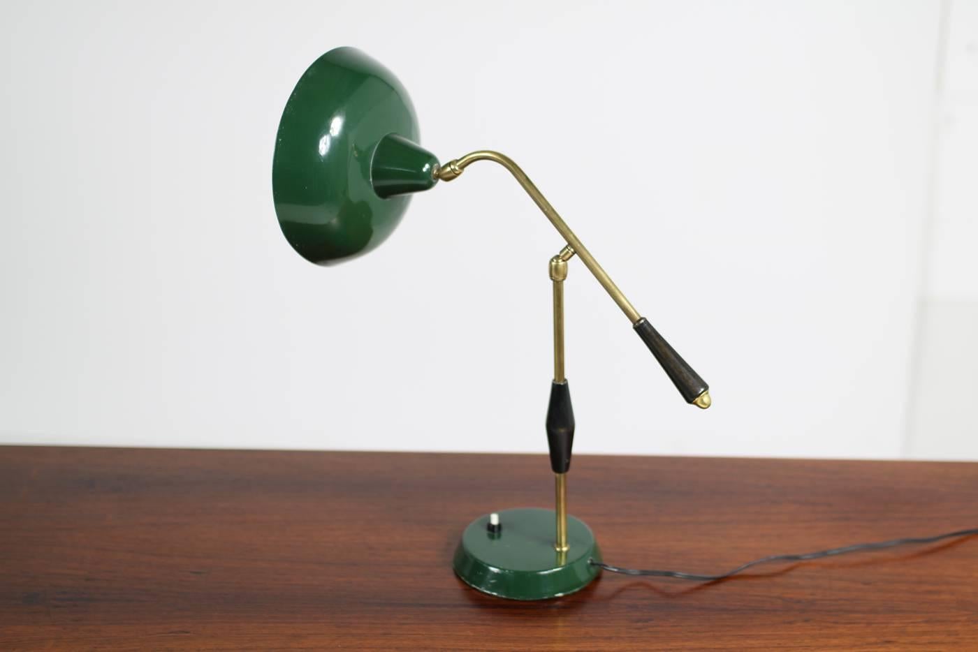 Mid-Century Modern 1950s Italian Table Lamp Arredoluce Dark Green & Brass with Adjustable Lampshade