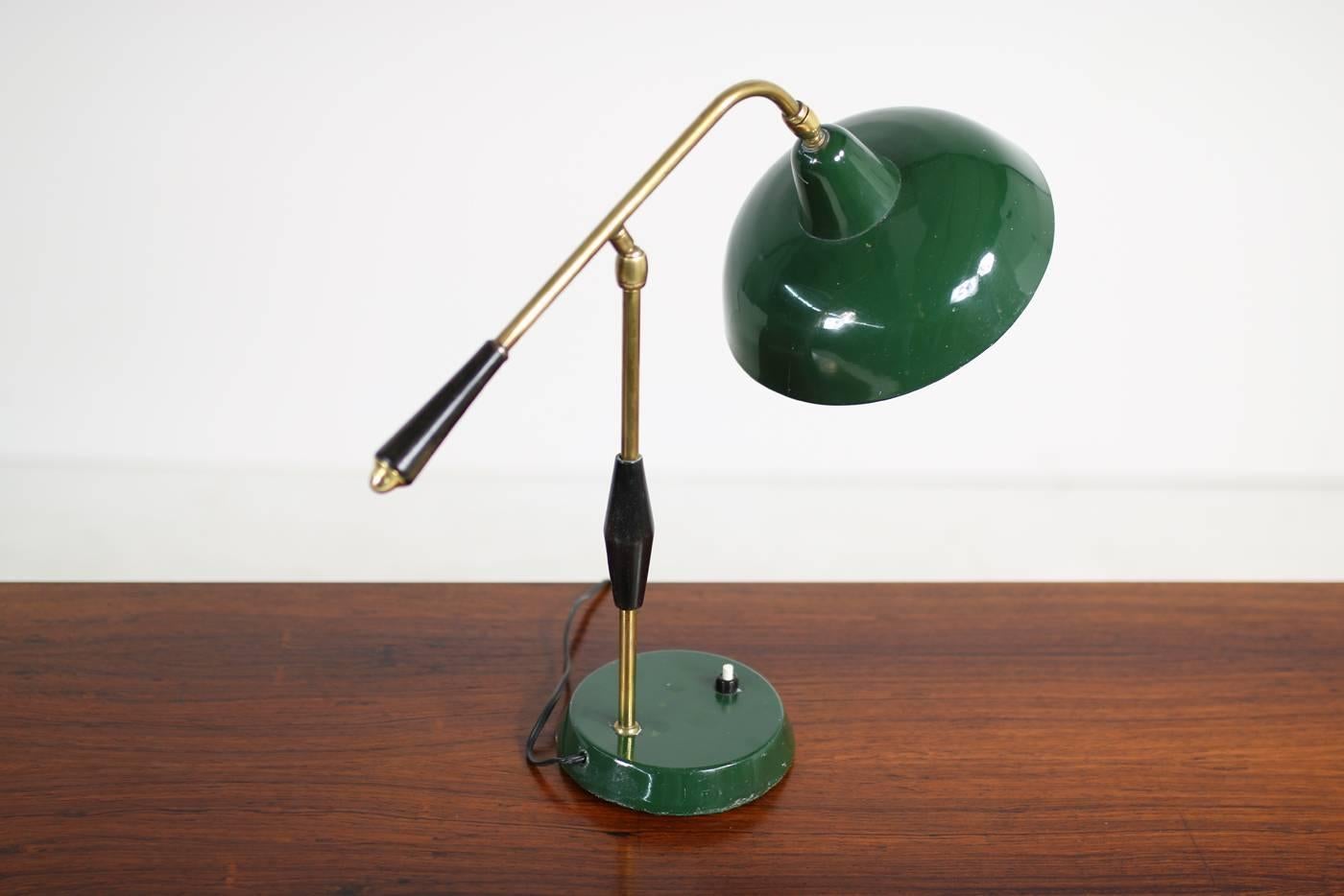 Metal 1950s Italian Table Lamp Arredoluce Dark Green & Brass with Adjustable Lampshade
