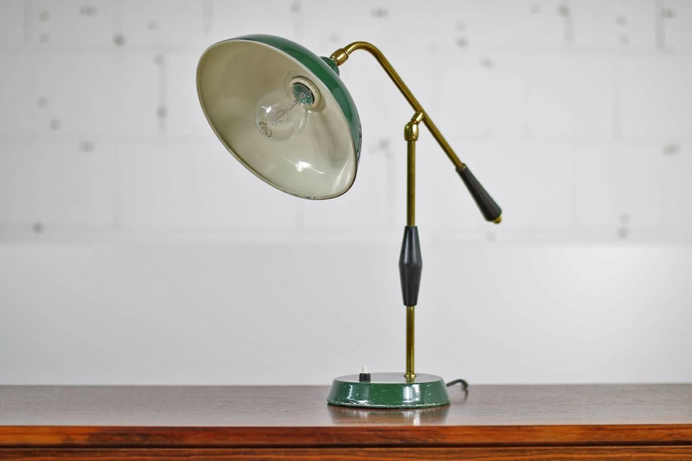 1950s Italian Table Lamp Arredoluce Dark Green & Brass with Adjustable Lampshade 2