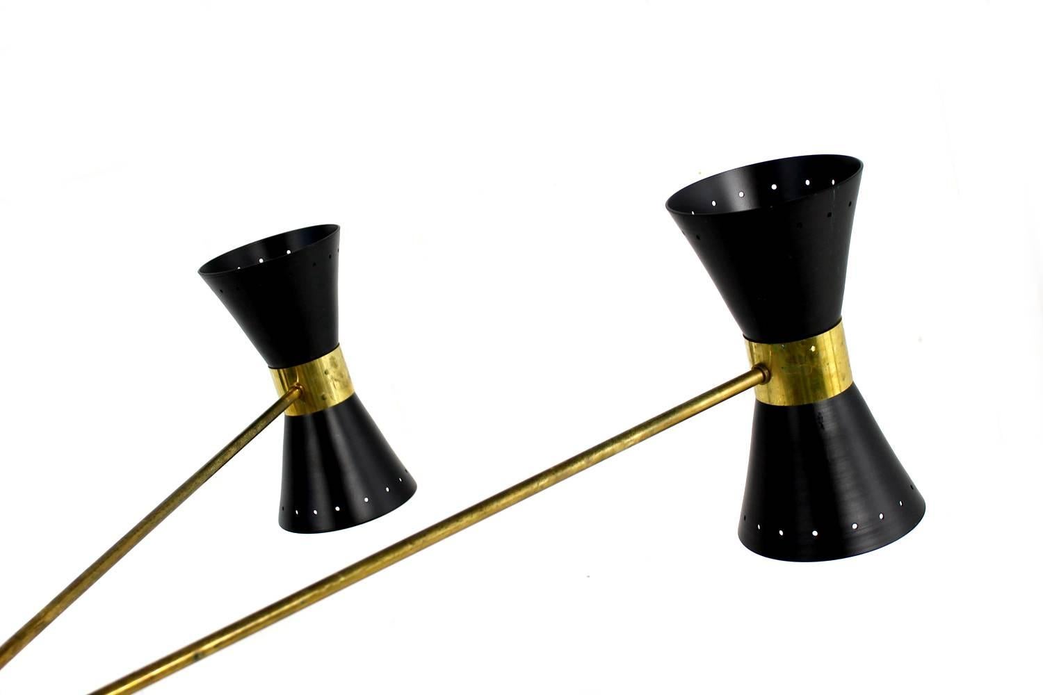 Mid-Century Modern Large Eight-Arm Italian Modernist Brass Diabolo Chandelier Stilnovo Style Black