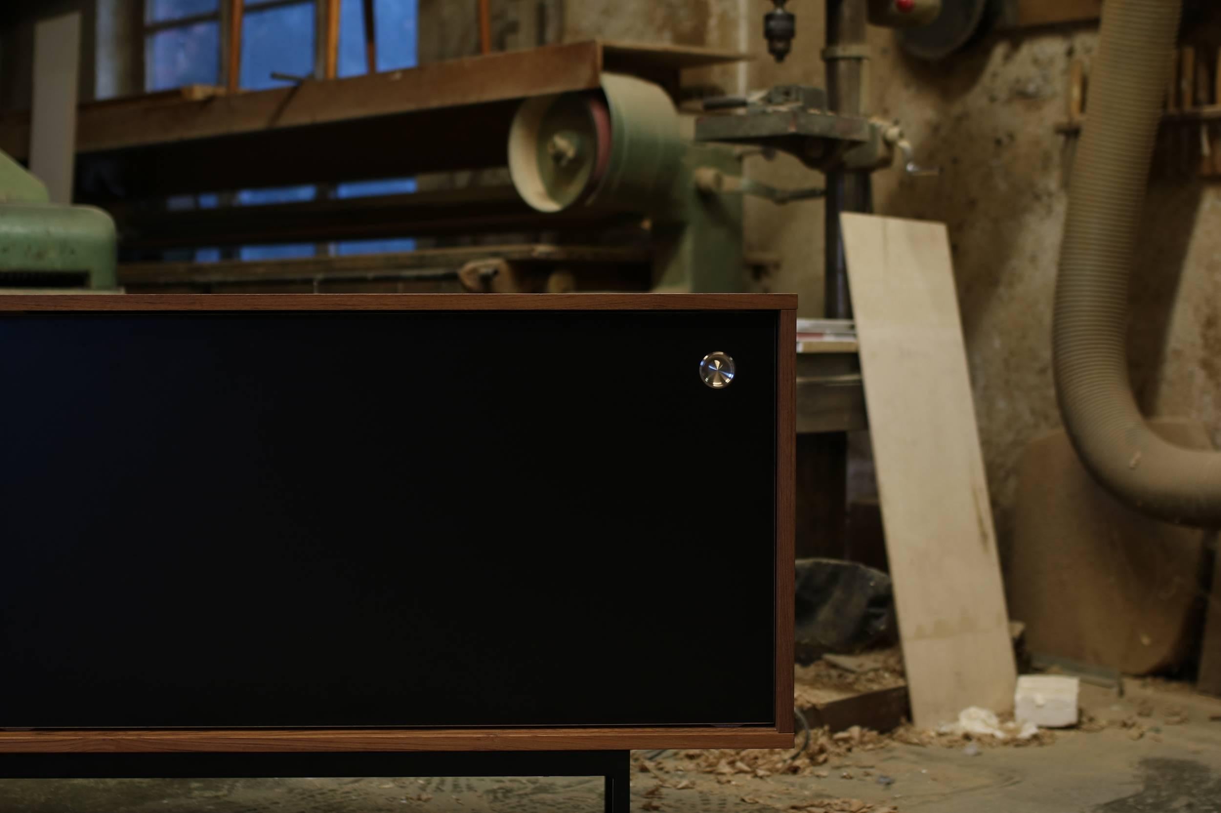 Minimalist Teak Sideboard Nathan Lindberg Design, Black Formica Sliding Doors In Excellent Condition In Hamminkeln, DE