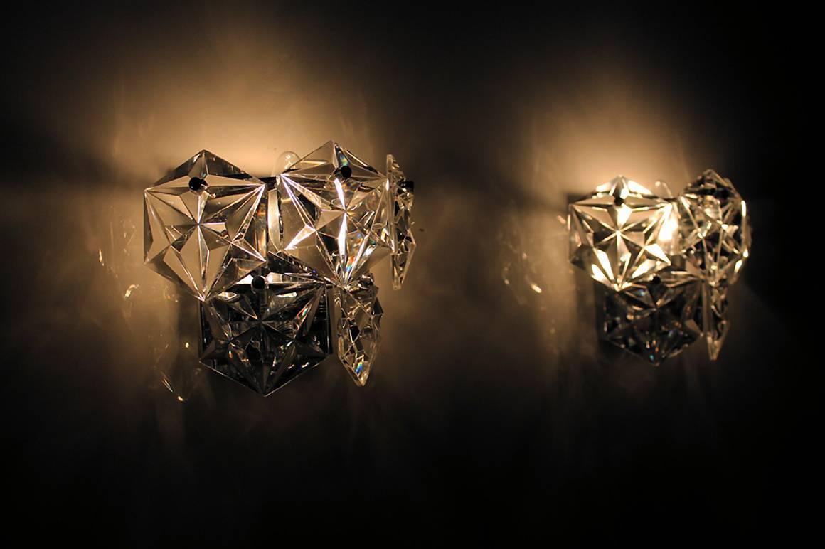 Pair of Kinkeldey Hexagonal Crystal Glass and Chrome Sconces, Germany, 1970s In Excellent Condition In Hamminkeln, DE