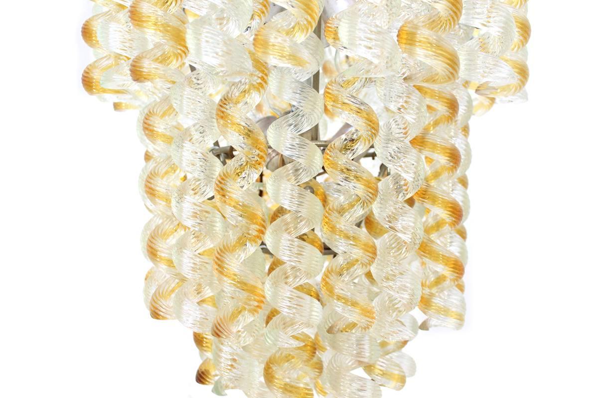 Italian Chandelier Twisted Murano Glass in Amber, White, Venini Attributed 1950s 1