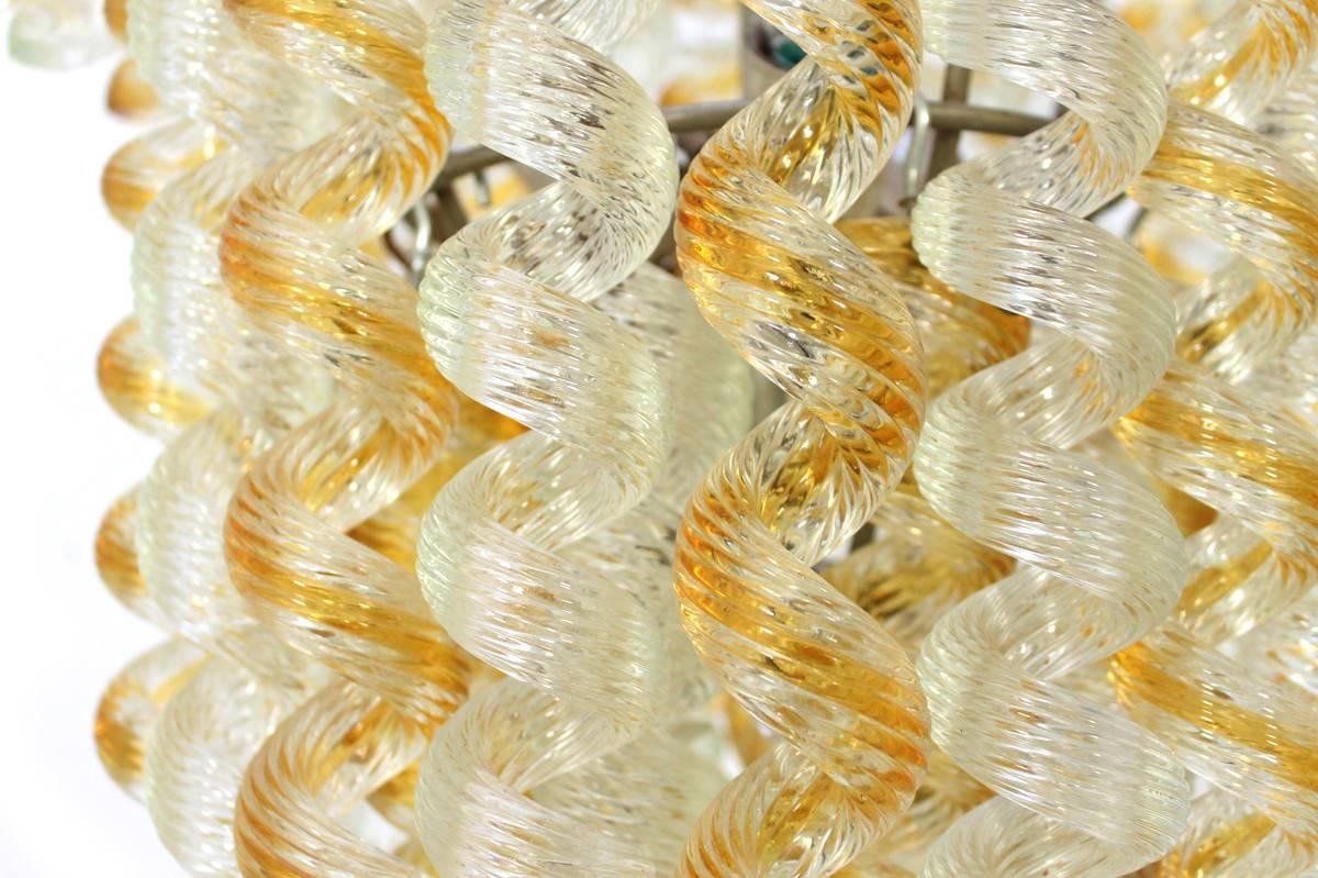 Italian Chandelier Twisted Murano Glass in Amber, White, Venini Attributed 1950s 3