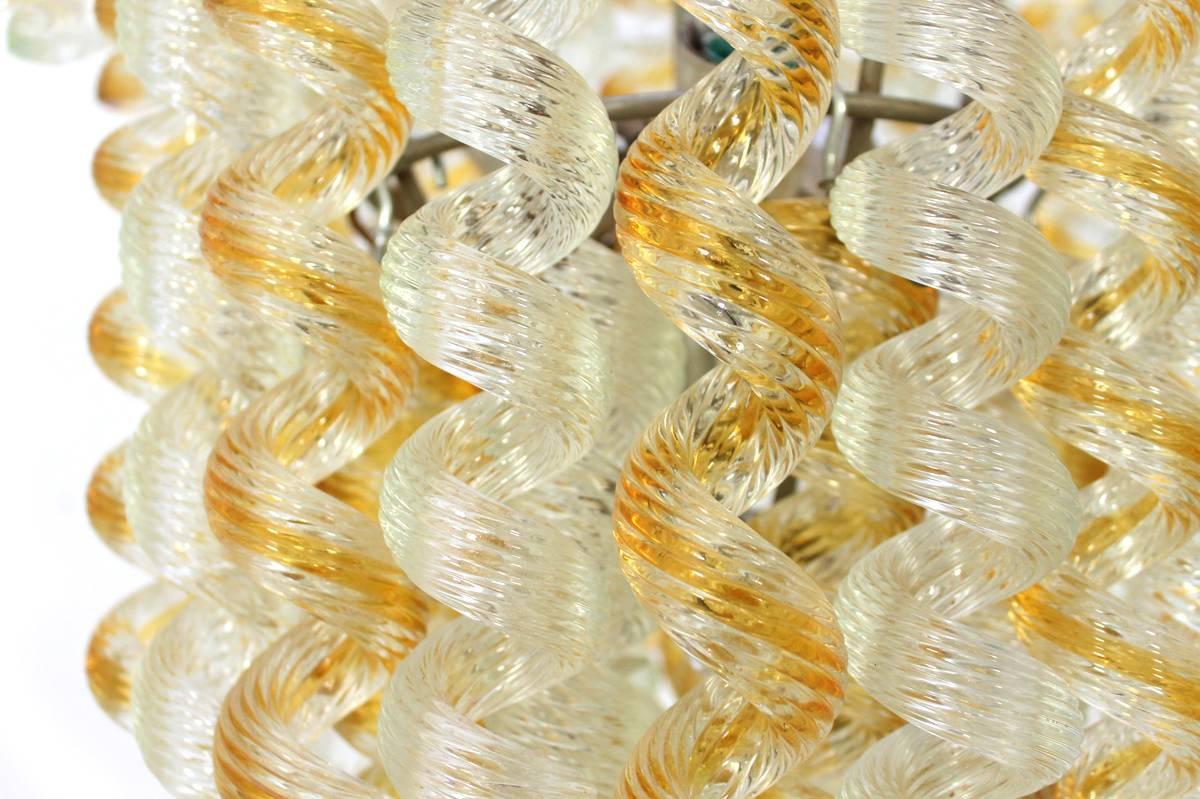 Italian Chandelier Twisted Murano Glass in Amber, White, Venini Attributed 1950s 3