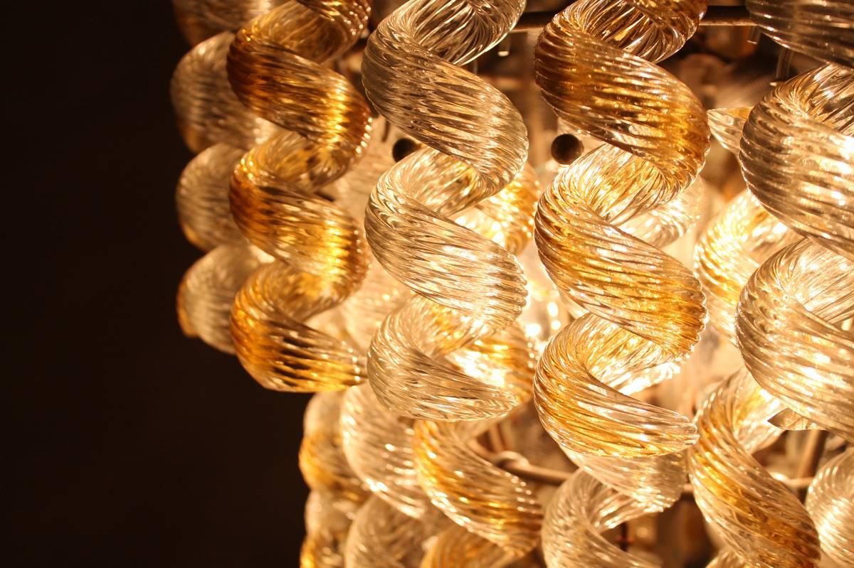 Italian Chandelier Twisted Murano Glass in Amber, White, Venini Attributed 1950s 4