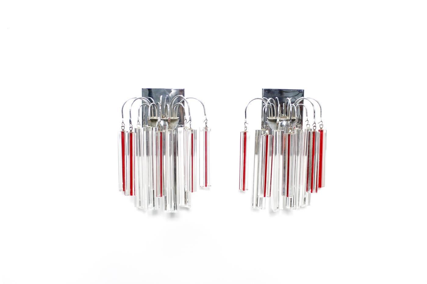 Set of 2 Venini Sconces, Italy ca. 1960s, rare ensemble with white and white/red glass. OIverall good condition, there are 2-3 smaller chips on the glass parts, but you can't see it directly, beautiful authentic vintage condition, every light for