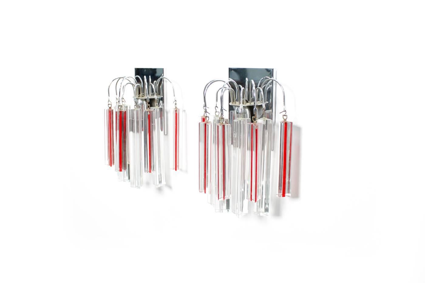 Mid-Century Modern Pair of Italian Venini Sconces Red and White glass with Chrome Frame, 1960s