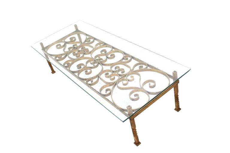 Mid-20th Century Midcentury Gold Plated Iron and Glass Sofa Coffee Table, 1950s, Unique Patina For Sale