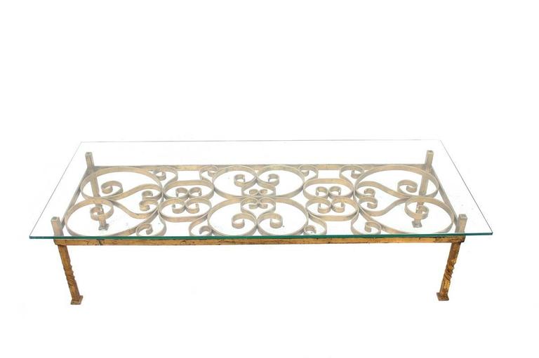 Mid-Century Modern Midcentury Gold Plated Iron and Glass Sofa Coffee Table, 1950s, Unique Patina For Sale