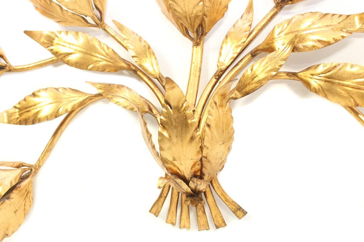 Mid-Century Modern Large 1960s Gilded Floral Leaf Metal Wall Lamp 