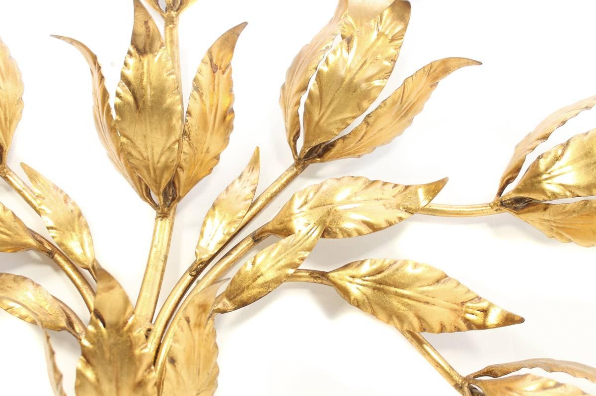 European Large 1960s Gilded Floral Leaf Metal Wall Lamp 