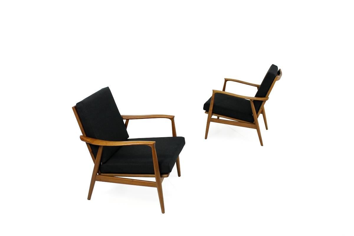 Danish Pair of beautiful scandinavian Mid Century sculptural walnut Easy Chairs 1960s