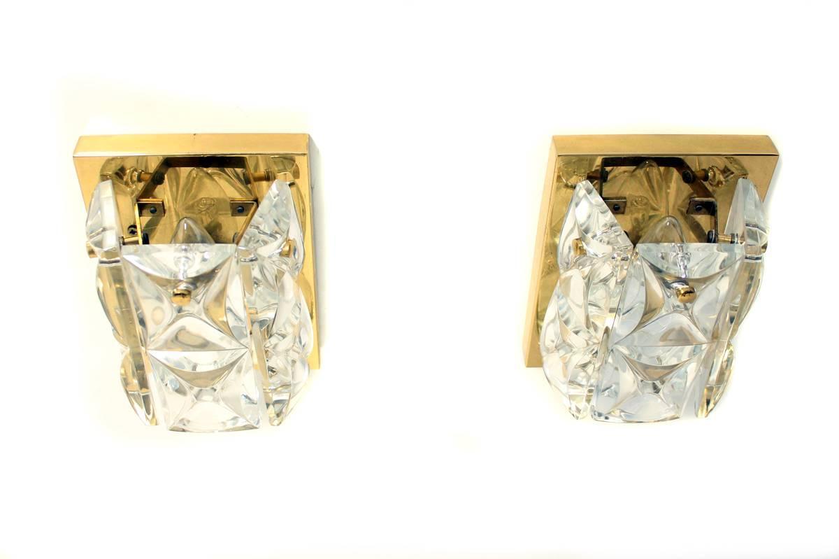 Exclusive Pair of Gold Plated Crystal Glass Sconces 1960s Brass at 1stdibs