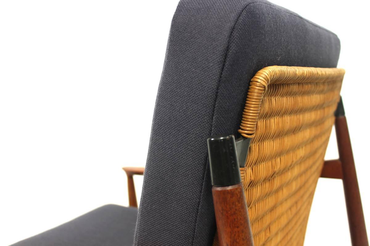 Fabric Teak Easy Chair by Carl Straub for Goldfeder, Germany, 1950s, Wicker Rattan