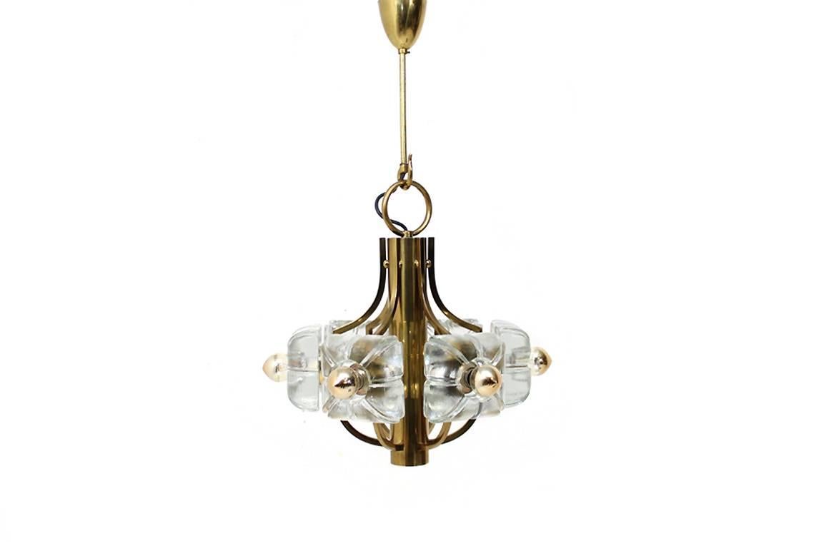 Mid-Century Modern Glass & Brass Floral Chandelier 1960s Flower Pendant Lamp Mazzega Style For Sale