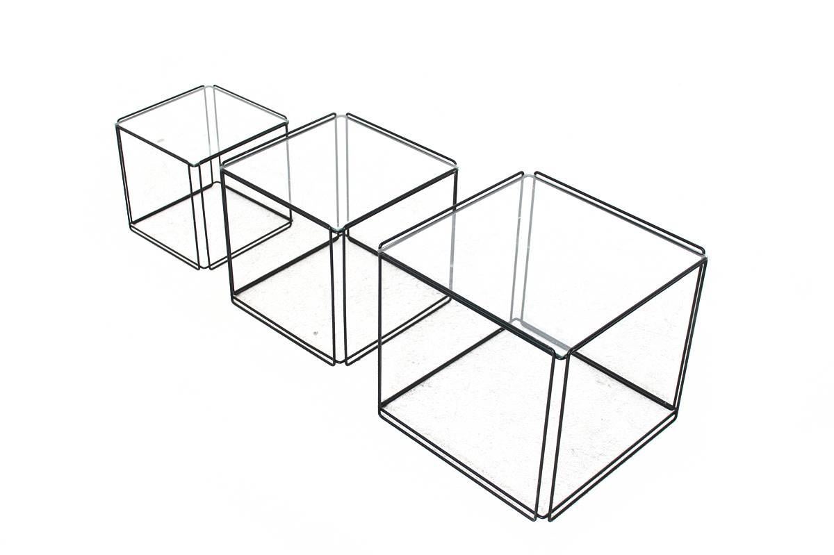 Mid-Century Modern Set of Three Nesting Tables by Max Sauze France 1960s Metal and Glass Minimalist For Sale