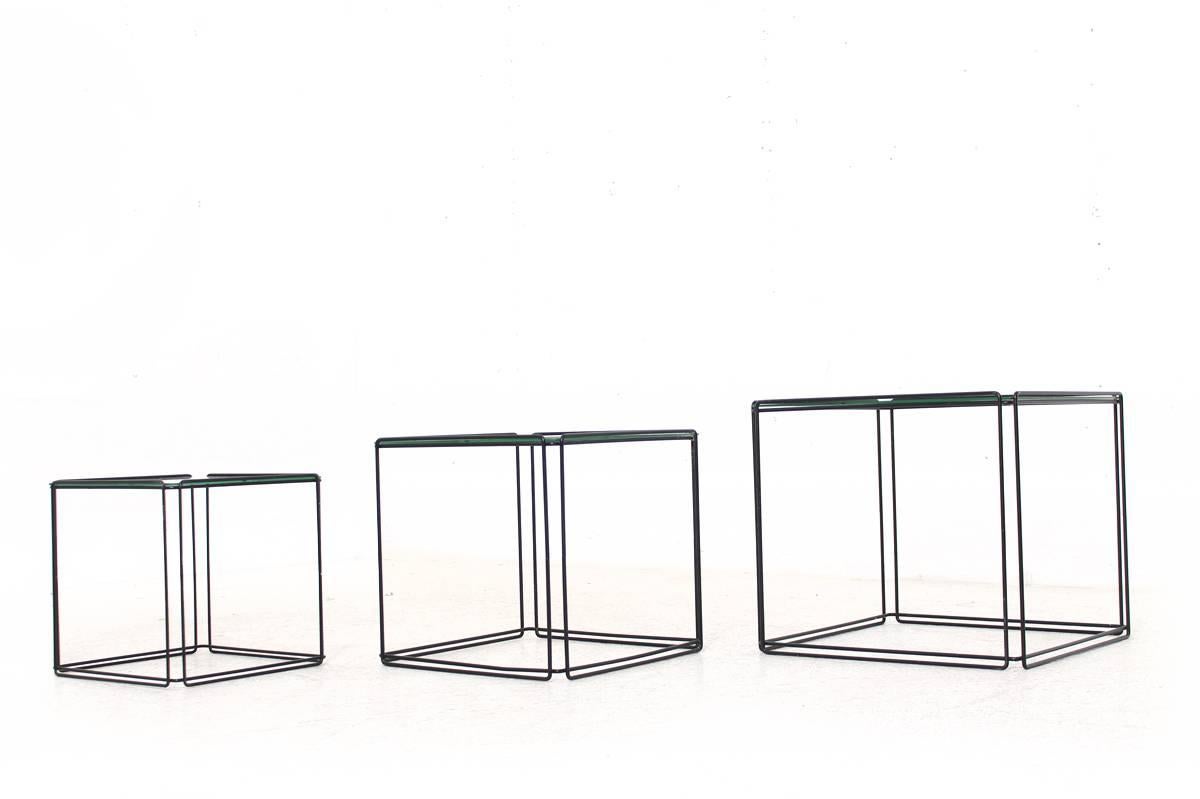 French Set of Three Nesting Tables by Max Sauze France 1960s Metal and Glass Minimalist For Sale