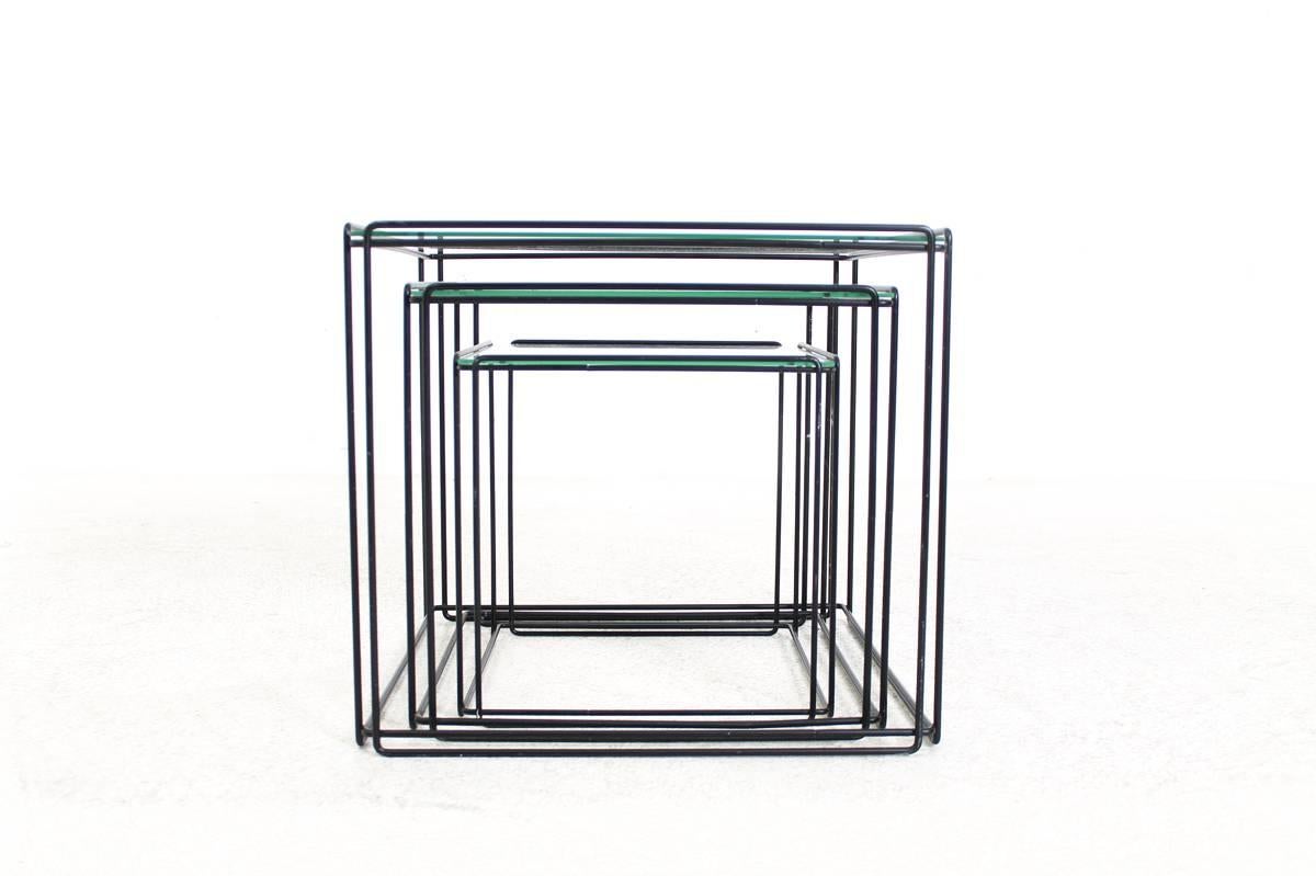 Mid-20th Century Set of Three Nesting Tables by Max Sauze France 1960s Metal and Glass Minimalist For Sale