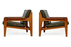 Rare Pair of Danish Arne Wahl Iversen Teak Easy Chairs and Stool Leather, 1960s
