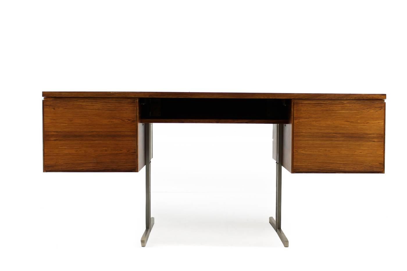 German Amazing 1960s Mid Century Modern Writing Table Rosewood & Steel Desk Minimalist For Sale