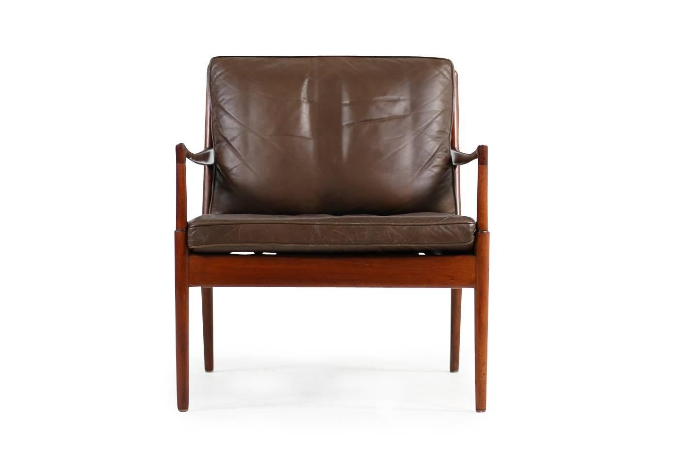 1960er Jahre Ib Kofod Larsen Lounge Easy Chair „Sams“ aus braunem Leder OPE, Schweden im Angebot 3