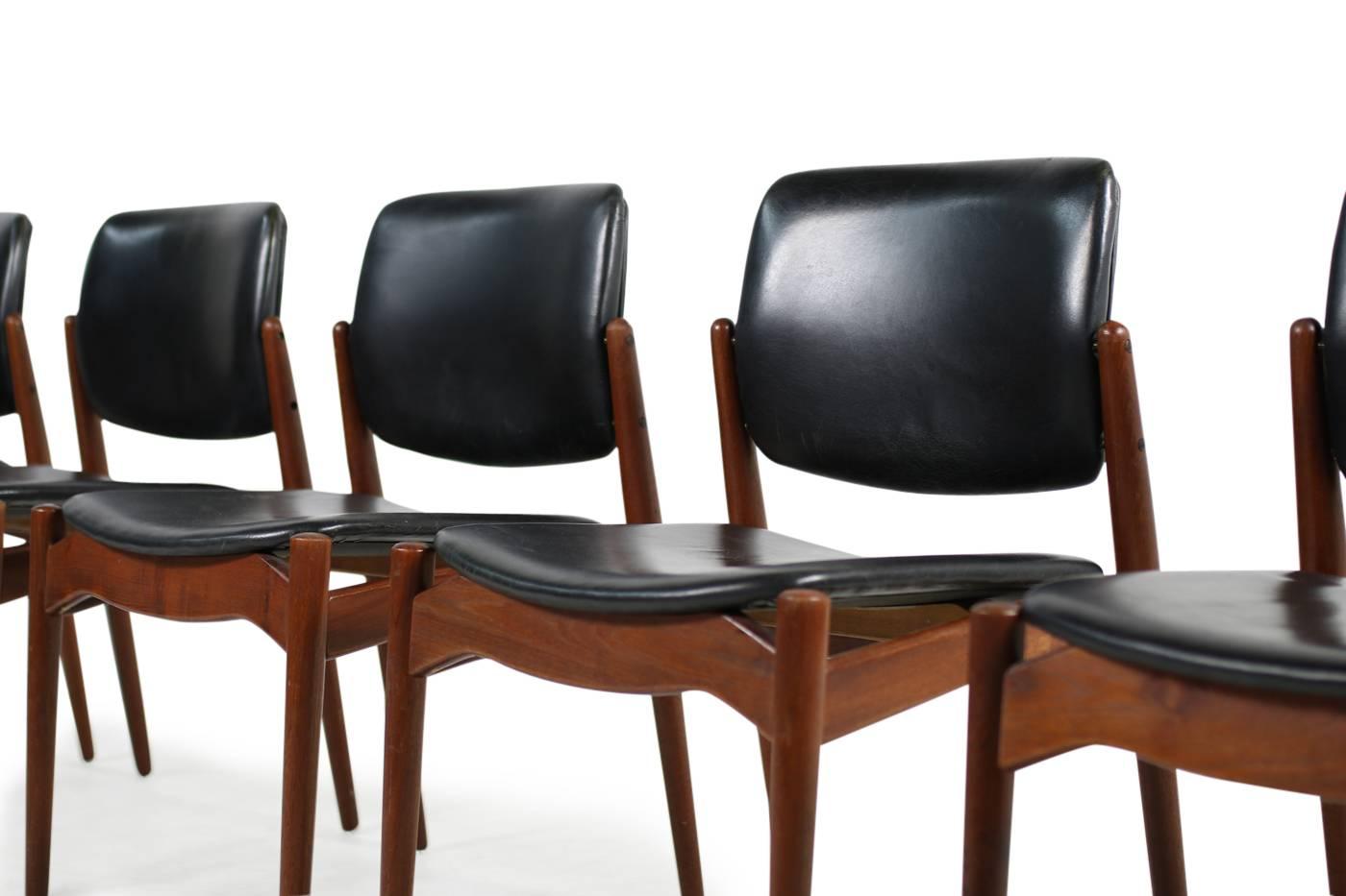 Mid-20th Century Set of Five 1960s Danish Erik Buck Teak and Leather Chairs Mod. 66 Ørum Møbler