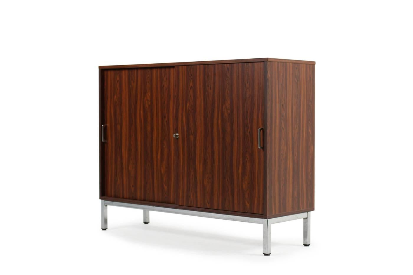 Mid-Century Modern 1970s Sideboard with Sliding Doors and Chrome Base Rosewood Metal Cabinet For Sale