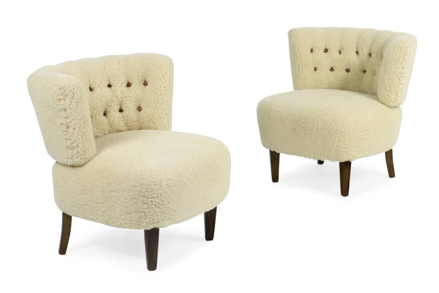Mid-20th Century Pair of 1950s Otto Schultz Lounge Chairs Sheepskin & Leather, Mid-Century Modern
