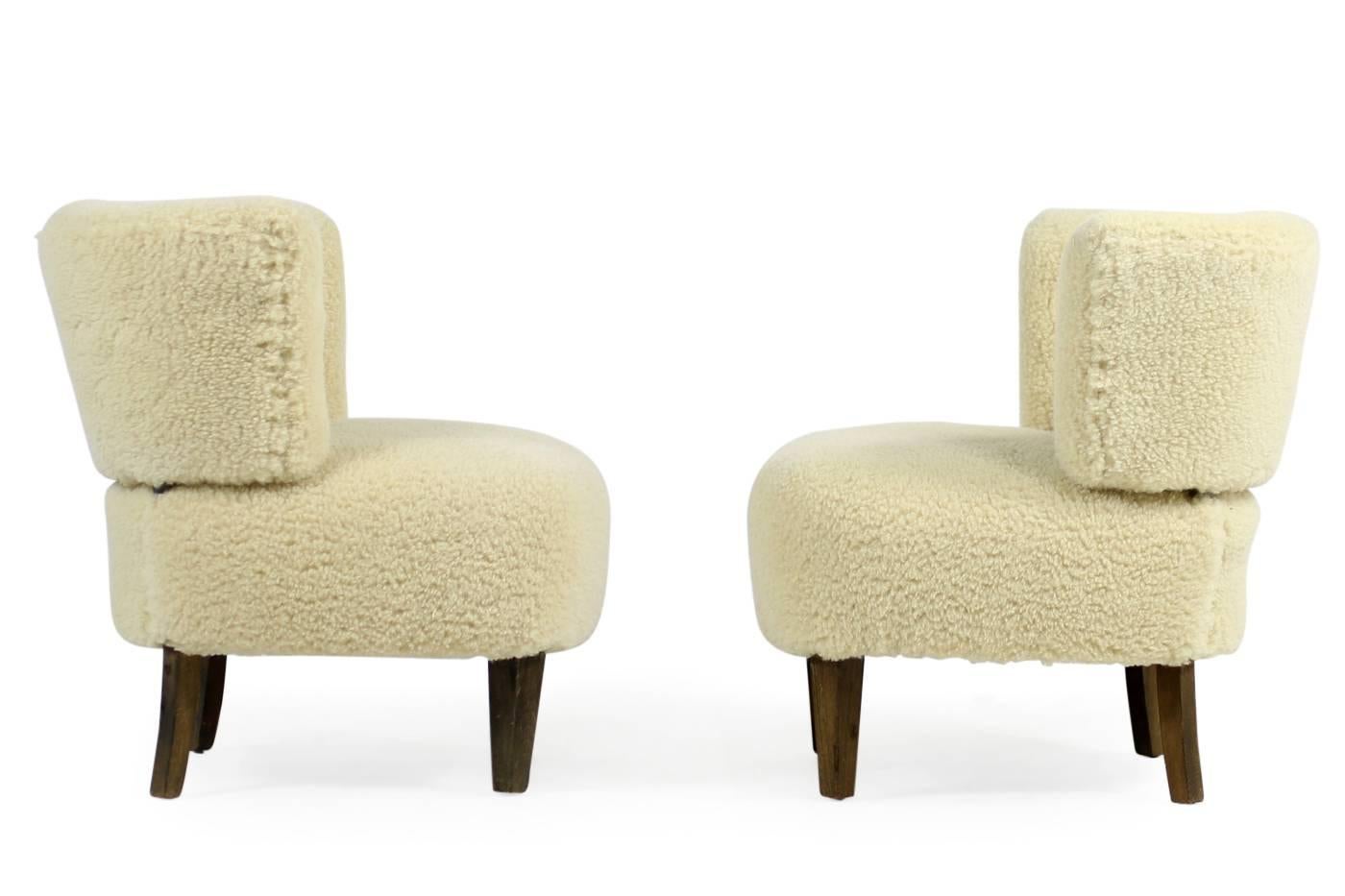 Swedish Pair of 1950s Otto Schultz Lounge Chairs Sheepskin & Leather, Mid-Century Modern